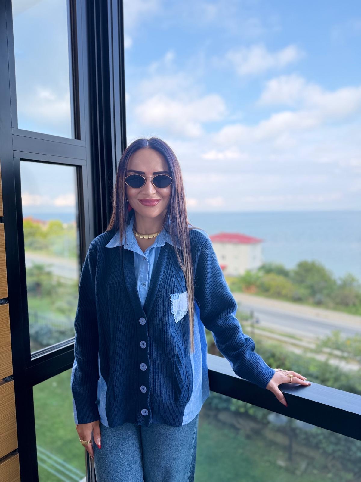 Çizgili Gömlek Ve Cep Detaylı Hırka Tasarım Üst