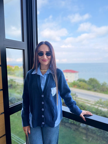 Çizgili Gömlek Ve Cep Detaylı Hırka Tasarım Üst
