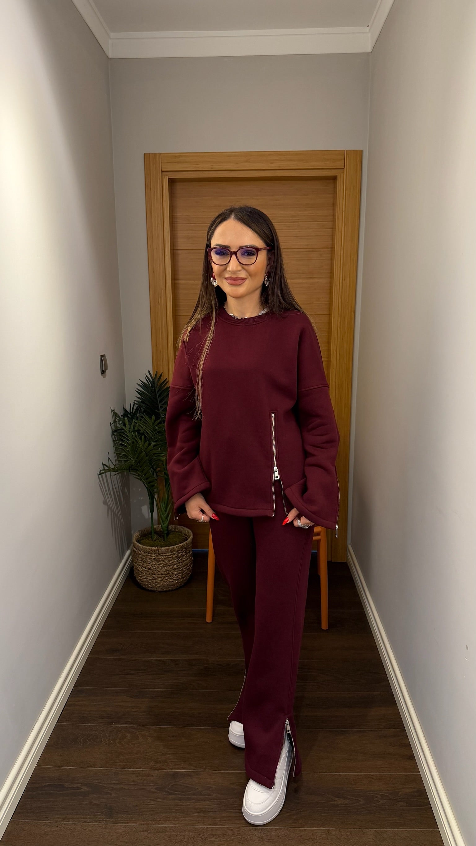 Fermuar Detaylı Bordo Eşofman Takımı