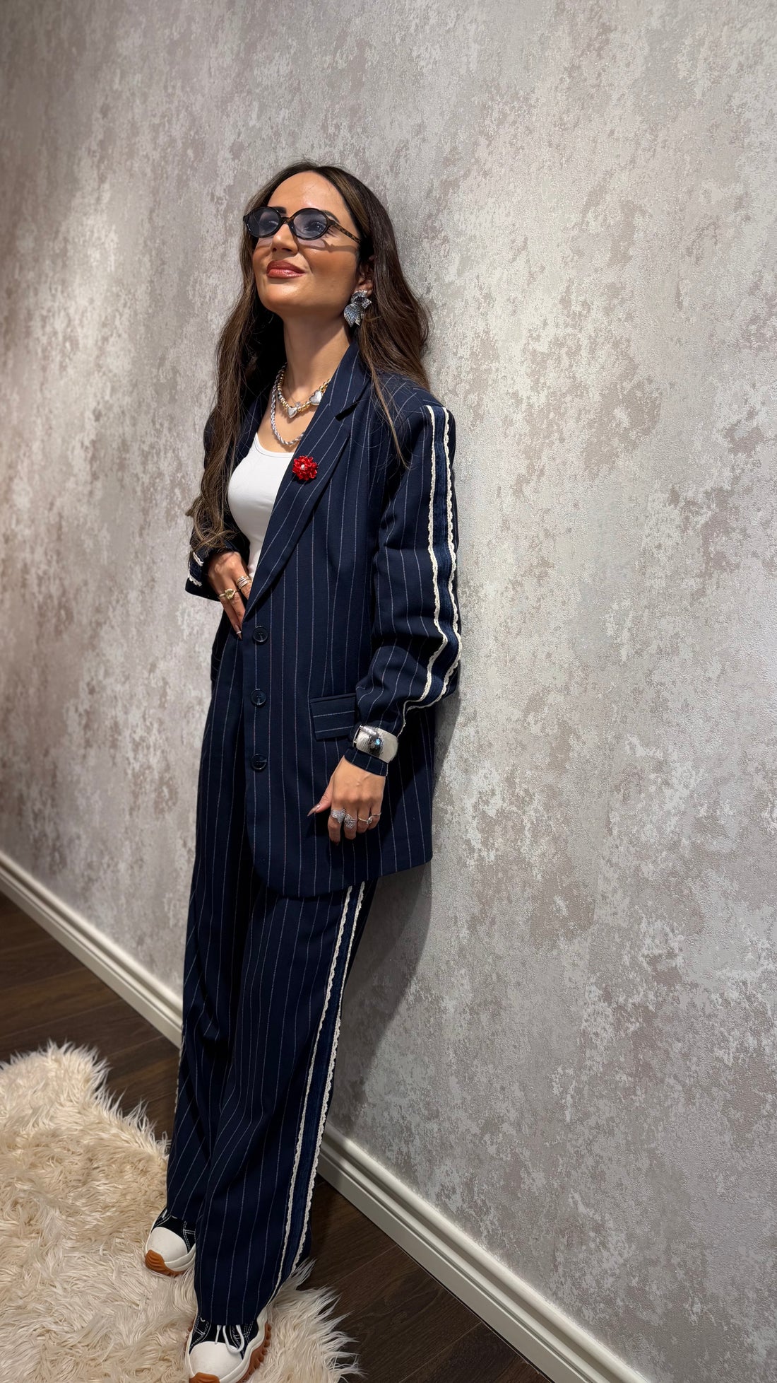 Lacivert Çizgili Şerit Detaylı Blazer Ceket