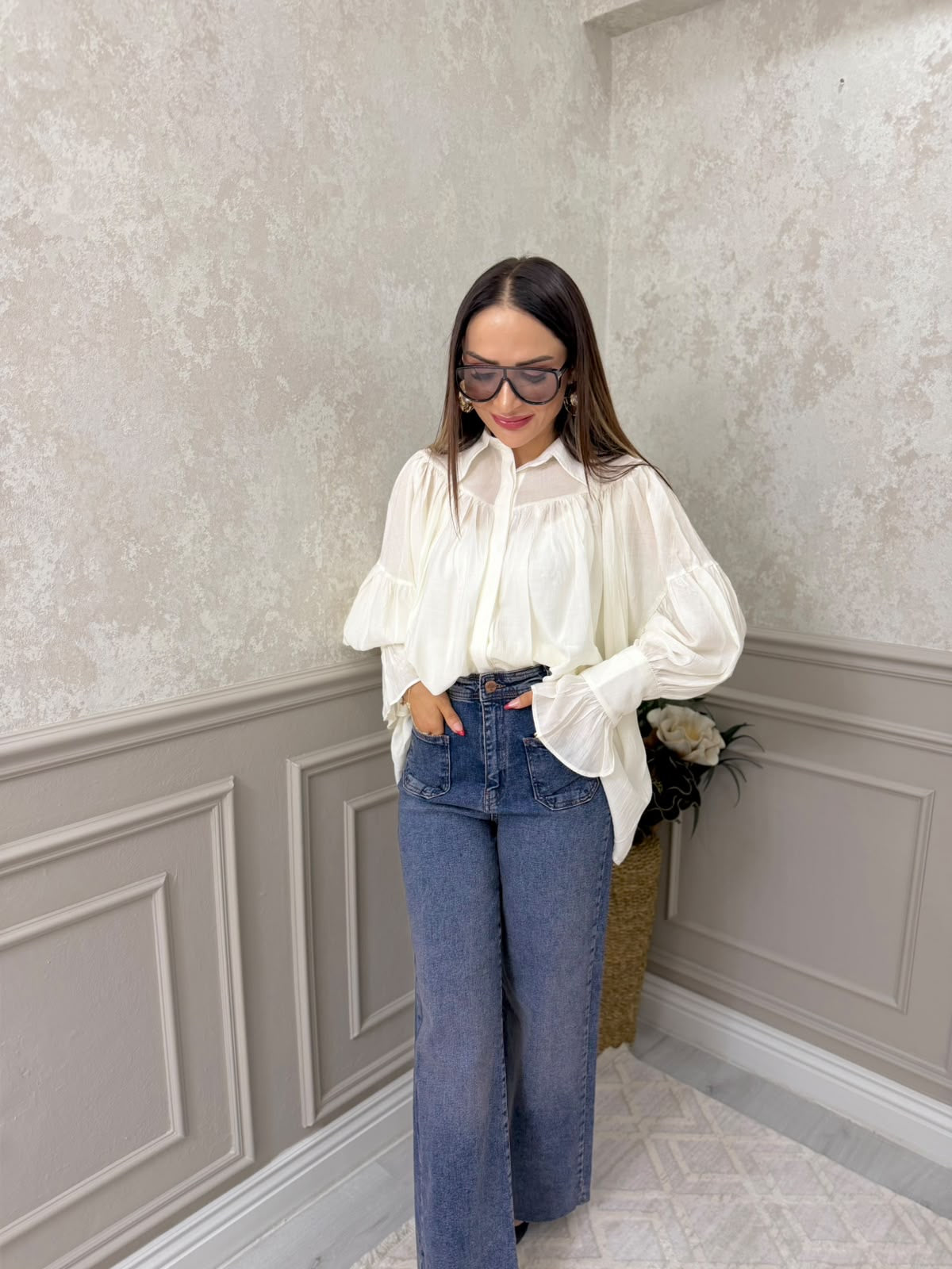 Ön Cepli Yüksek Bel Wide Leg Jean Pantolon