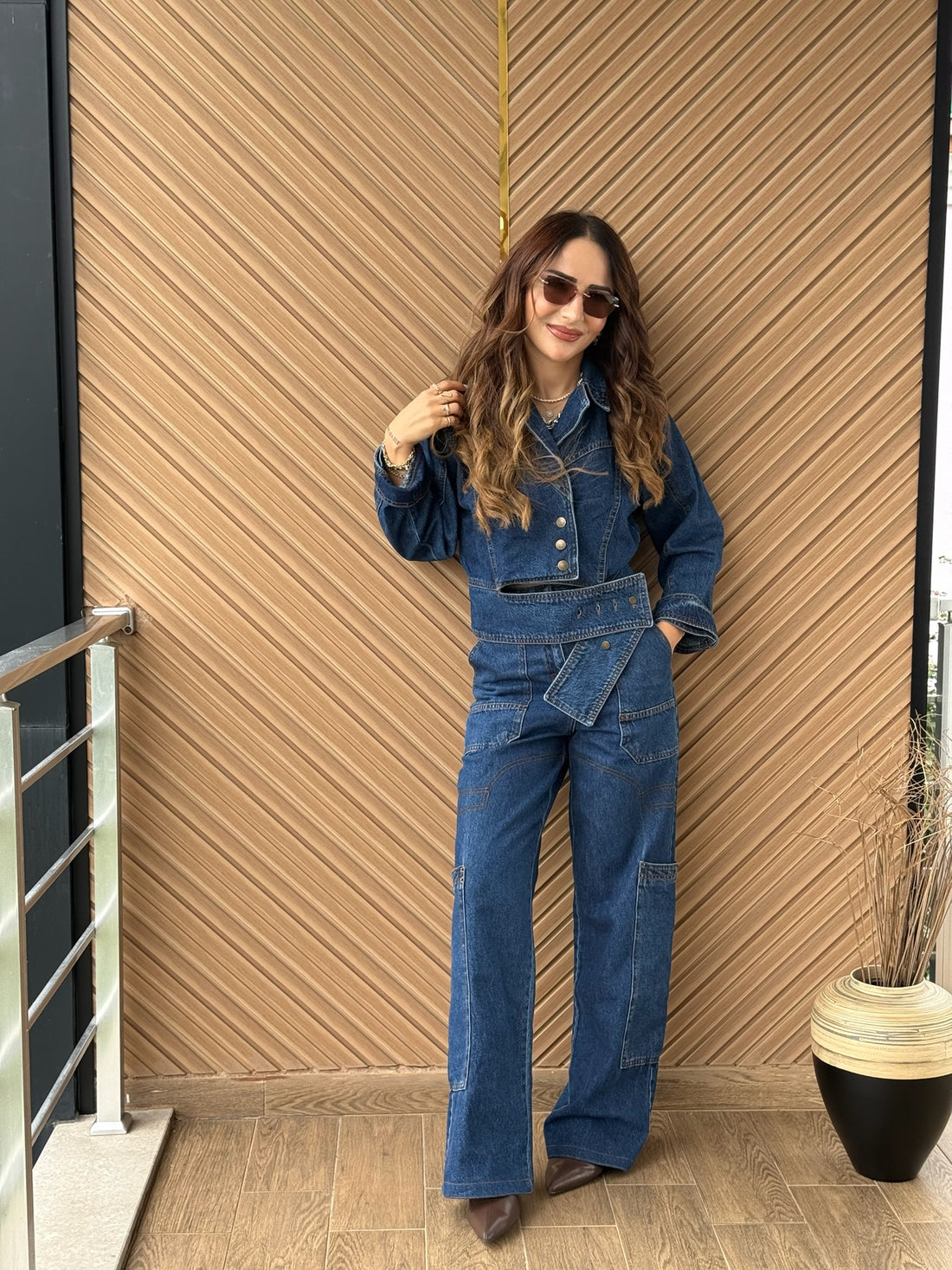 Denim Crop Ceket & Yüksek Bel Pantolon Takım