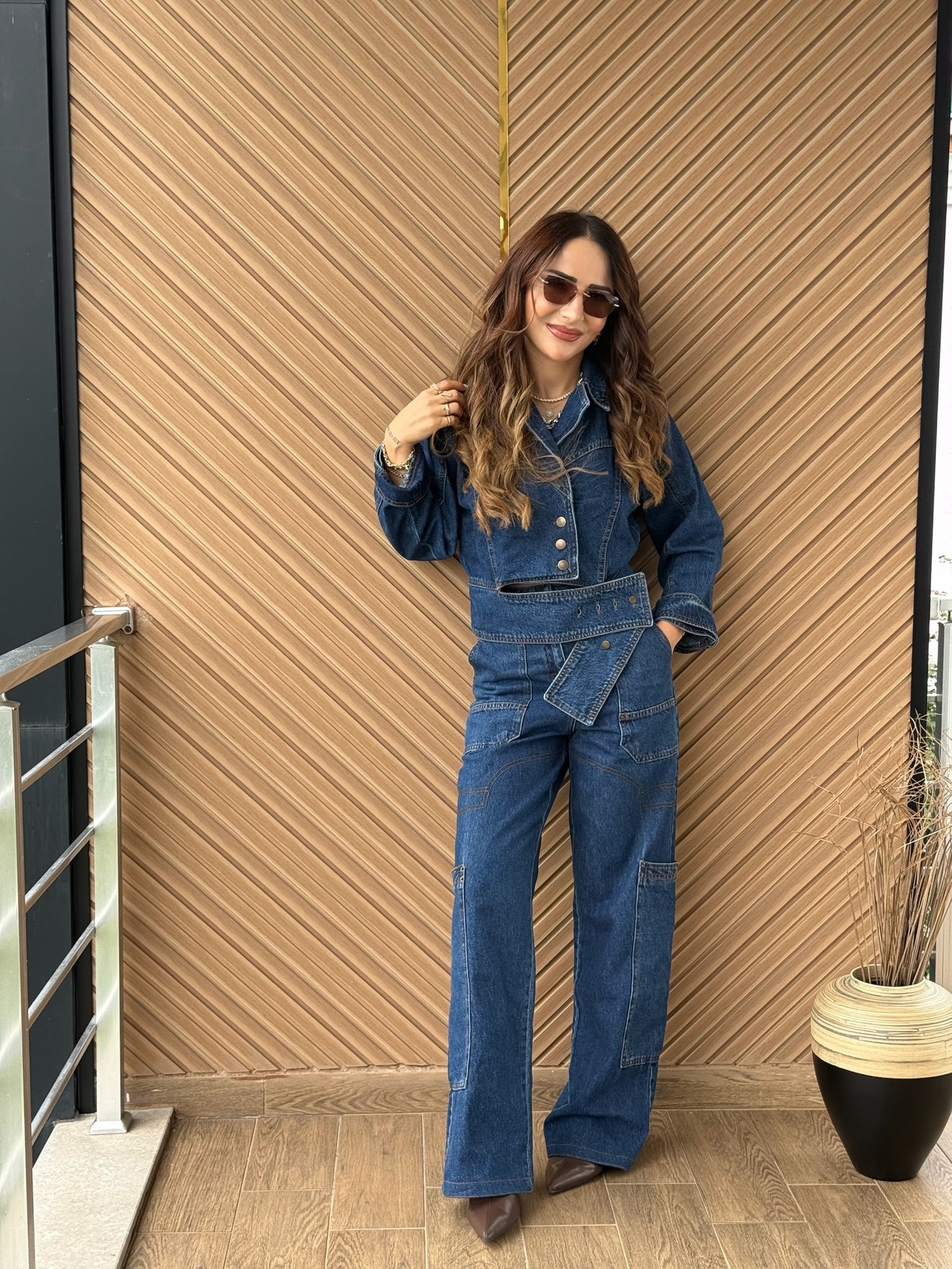 Denim Crop Ceket & Yüksek Bel Pantolon Takım