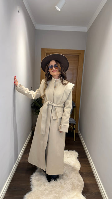 Kuşaklı Uzun Kaban Krem