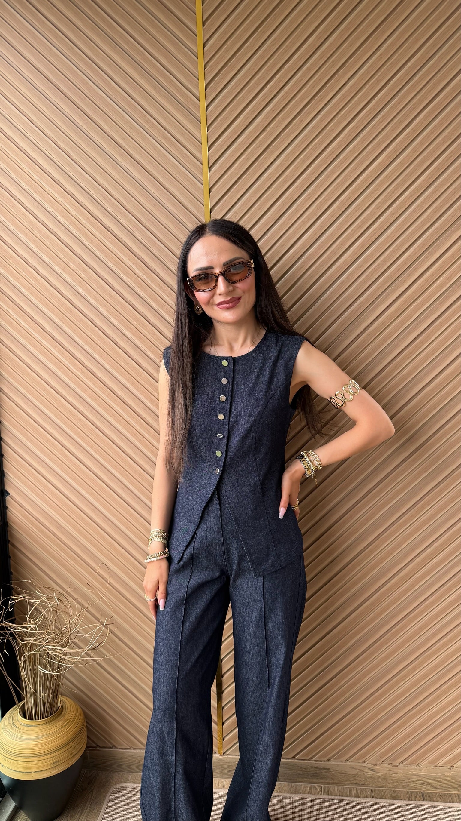 Düğme Detaylı Denim Görünümlü Takım