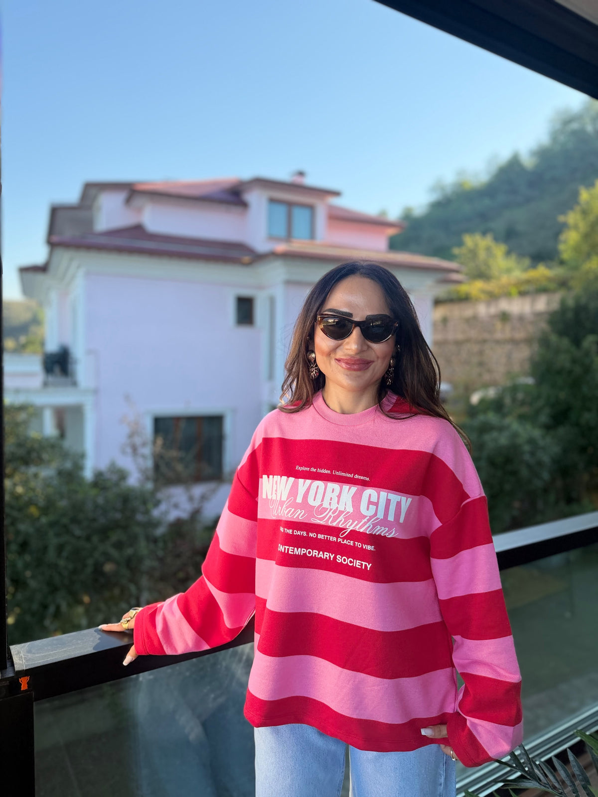 Baskılı Çizgili Oversize Sweatshirt