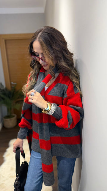 🧣 Kırmızı–Antrasit Çizgili Triko Hırka & Atkı Kombin