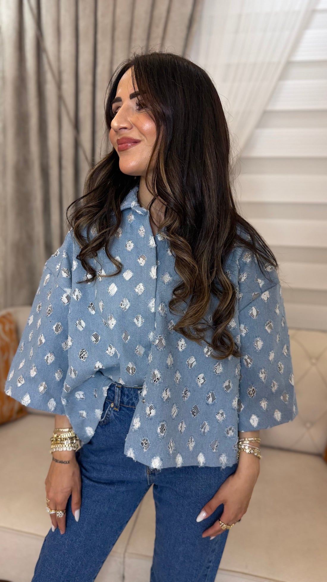 Yırtık Detaylı Denim Gömlek ✨