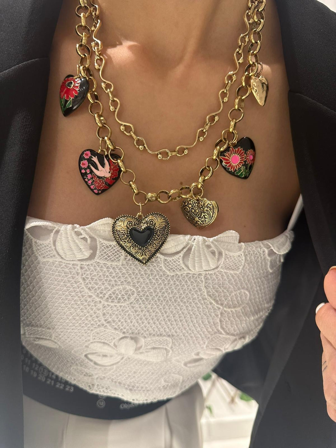 Kalp Figürlü Çoklu Zincir Çelik Kolye