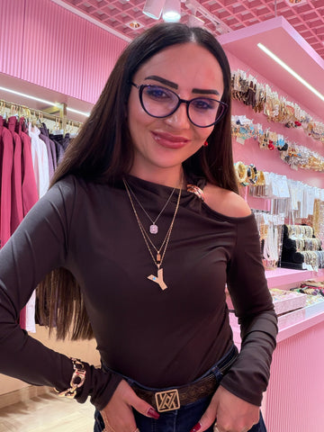 Gold detaylı kahverengi bluz