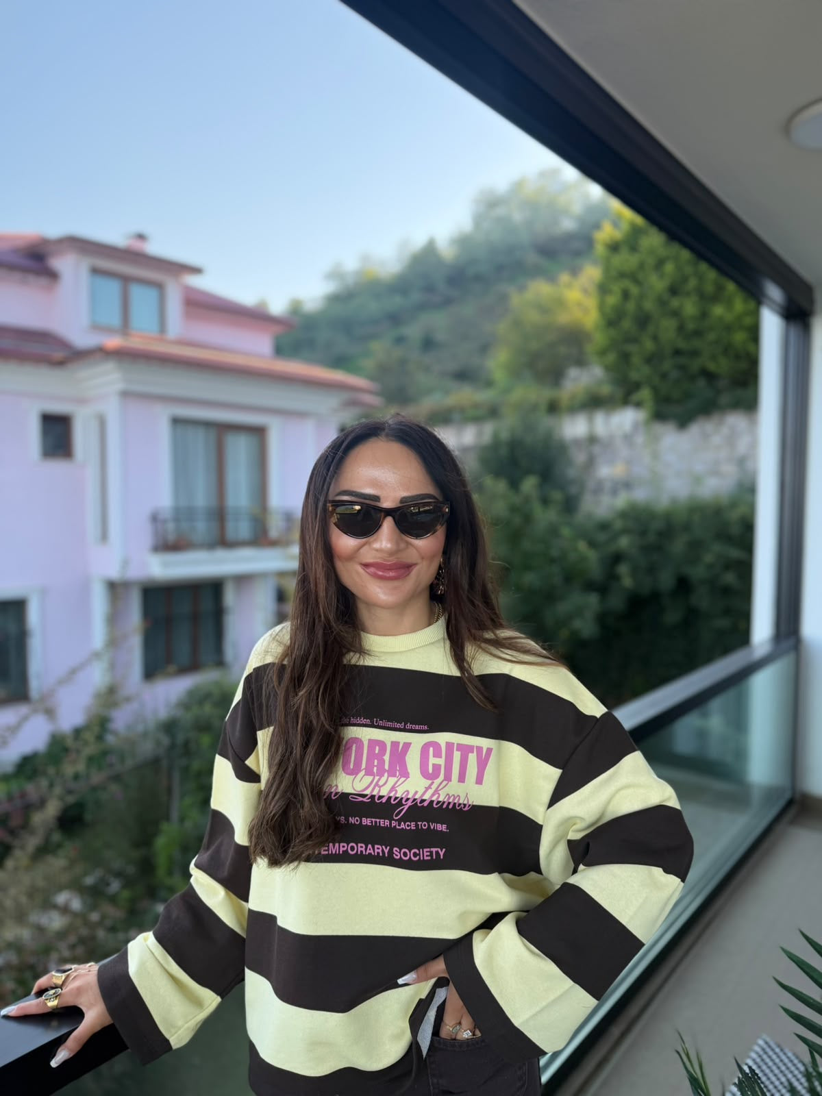Baskılı Çizgili Oversize Sweatshirt