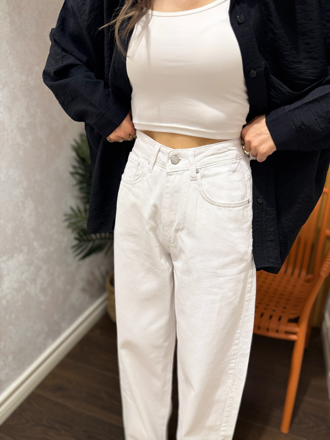 Yüksek Bel Wide Leg Beyaz Jean