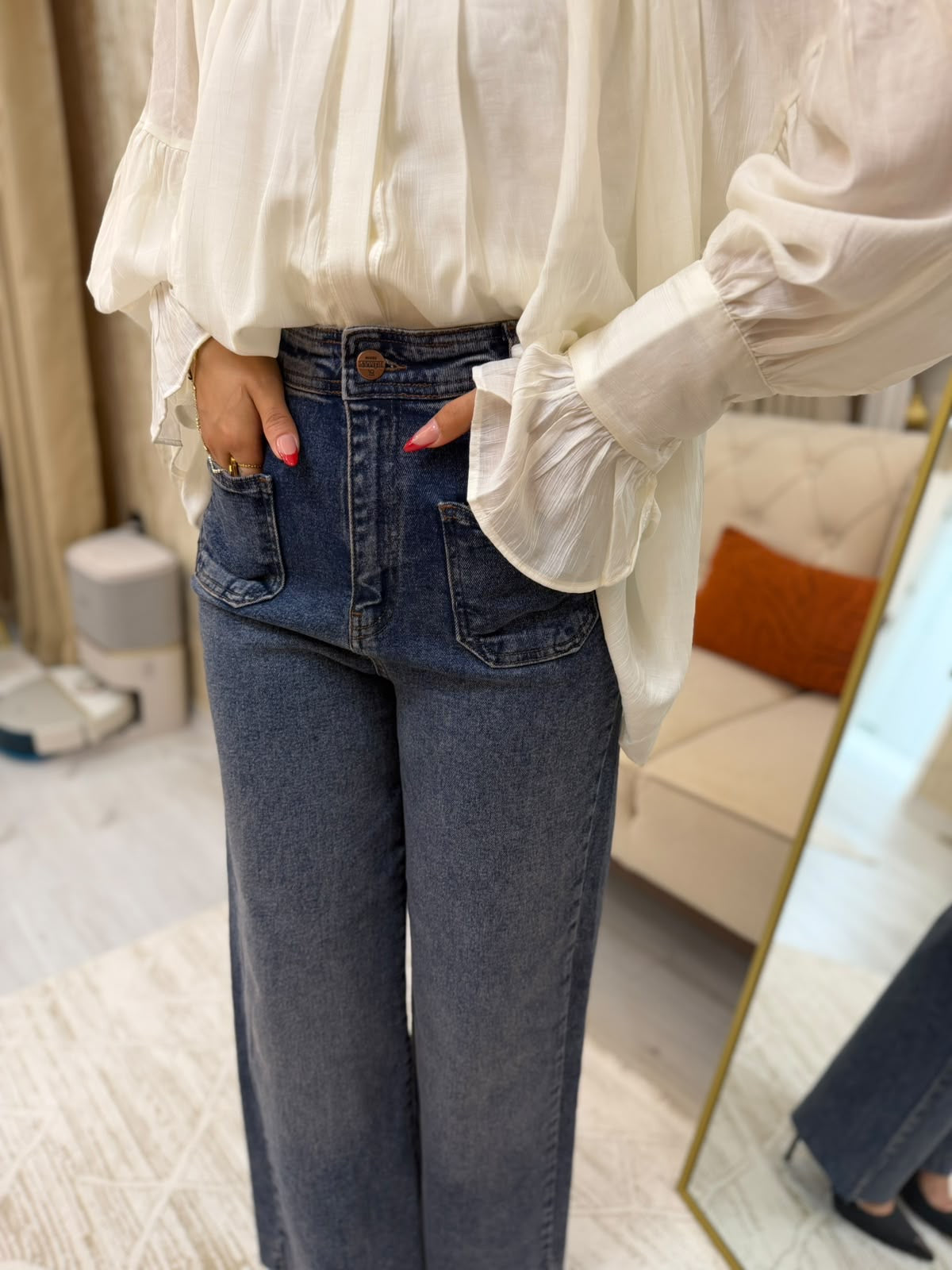 Ön Cepli Yüksek Bel Wide Leg Jean Pantolon