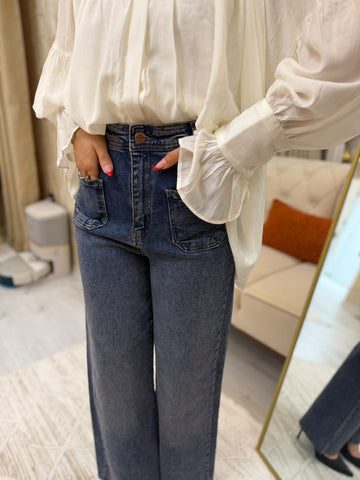 Ön Cepli Yüksek Bel Wide Leg Jean Pantolon