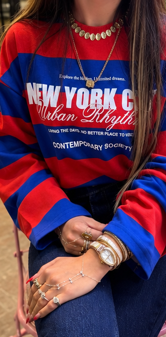Çizgili New York Baskılı Oversize Sweatshirt