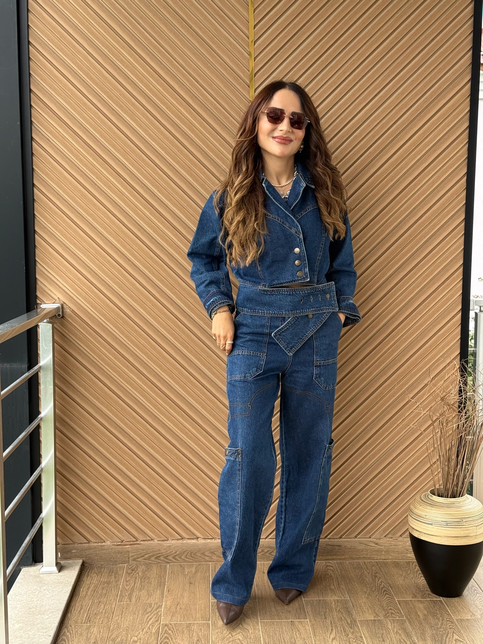Denim Crop Ceket & Yüksek Bel Pantolon Takım
