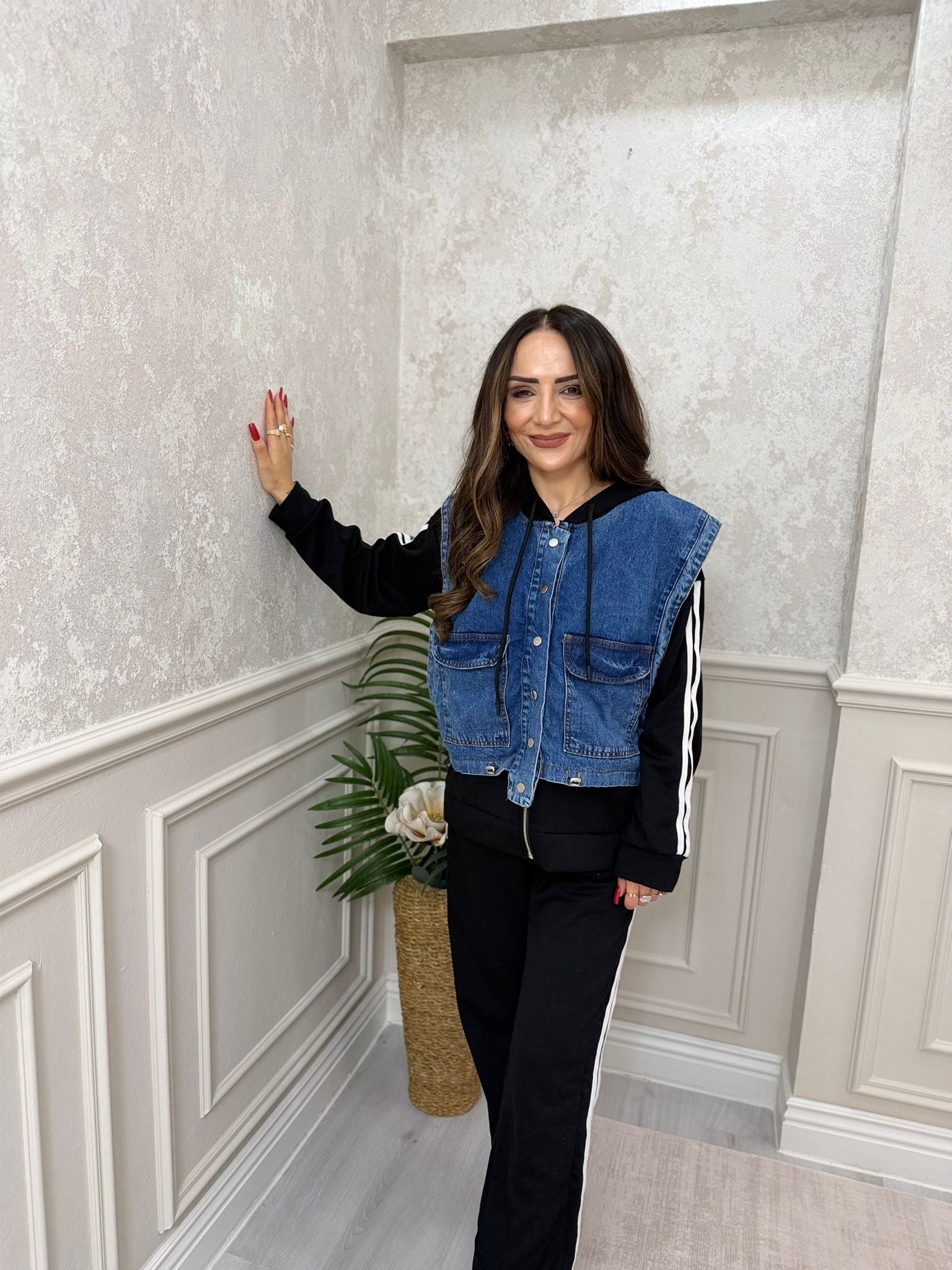 Kapüşon Detaylı Denim Yelek & Eşofman Takım