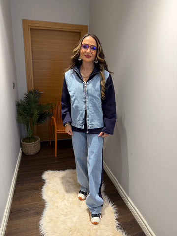 👖🧥 Denim Yelek Detaylı Kapüşonlu Takım