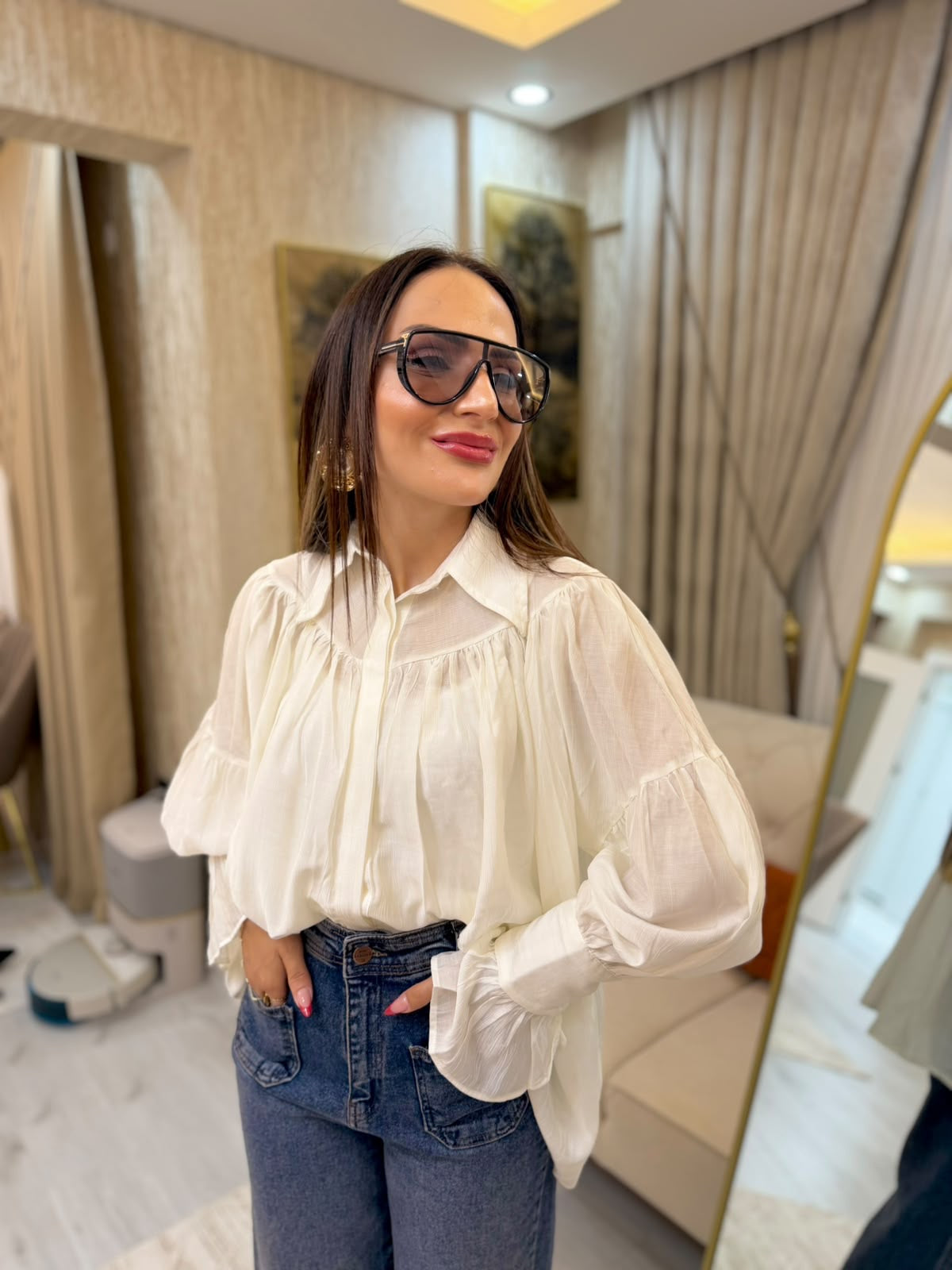 Ekru Salaş Dökümlü Oversize Gömlek 