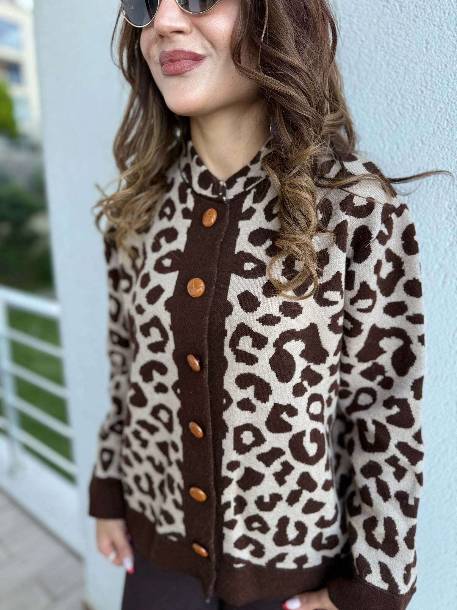 Leopar Desenli Düğmeli Triko Hırka