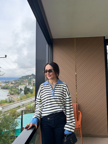 Çizgili Polo Yaka Triko 💙💚