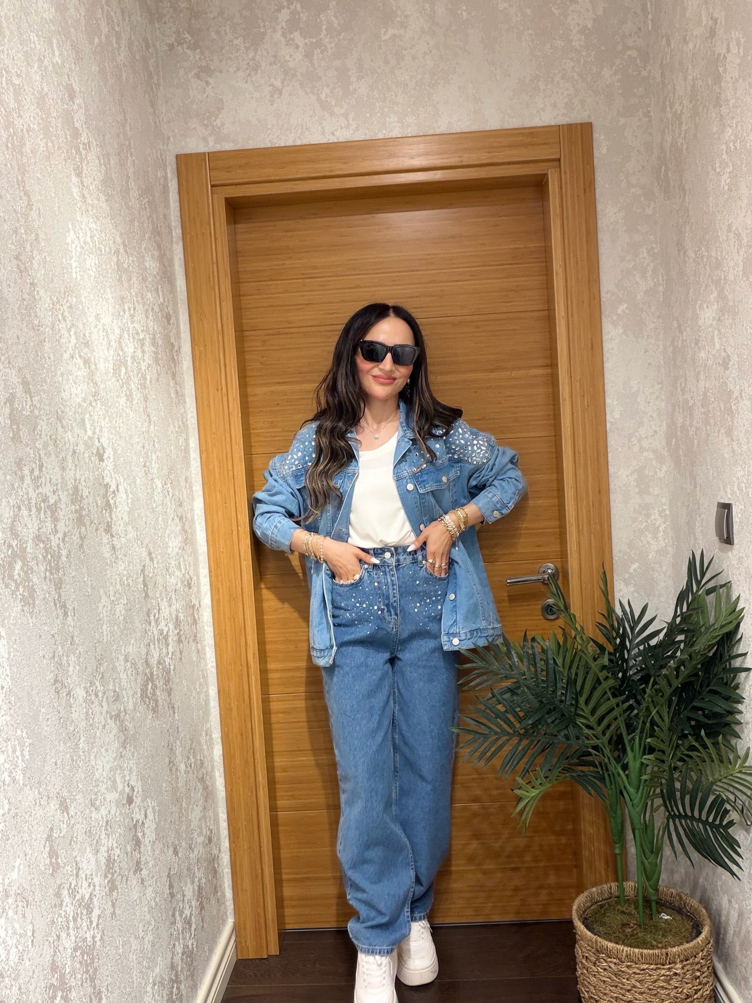 Taş Detaylı Wide Leg Jean Pantolon