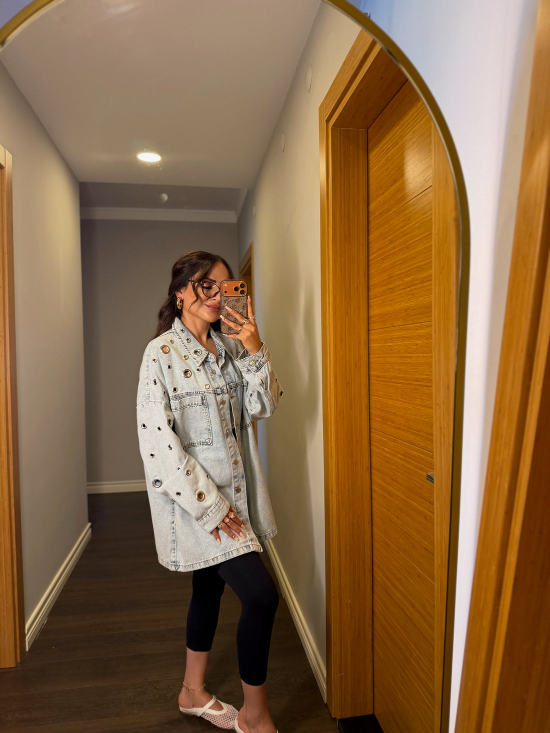 Kuşgözü Detaylı Oversize Kot Ceket