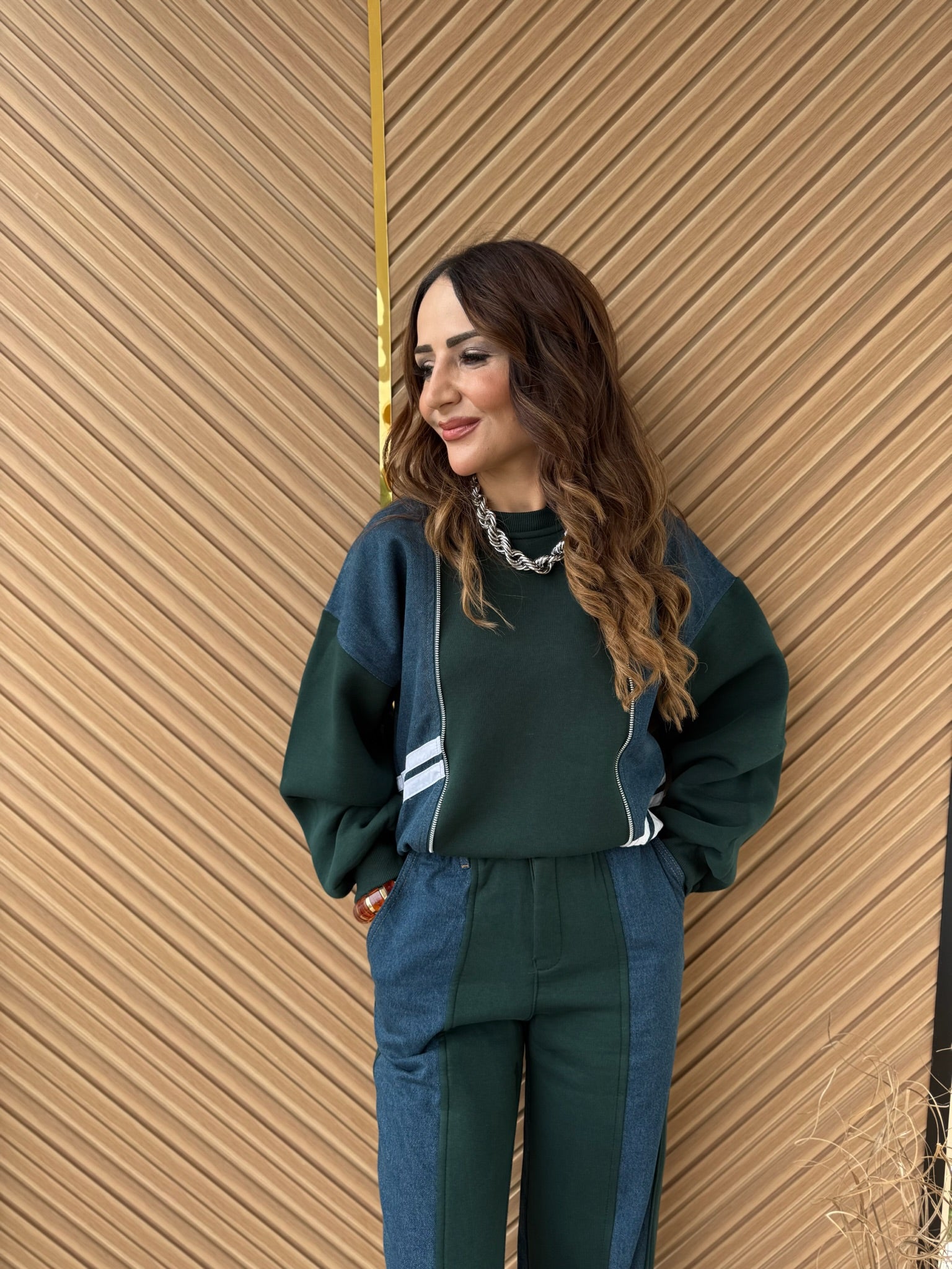 İki Renkli Sweatshirt & Pantolon Takım – Yeşil & Lacivert