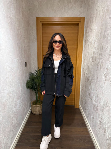 Denim Detaylı Takım – Siyah