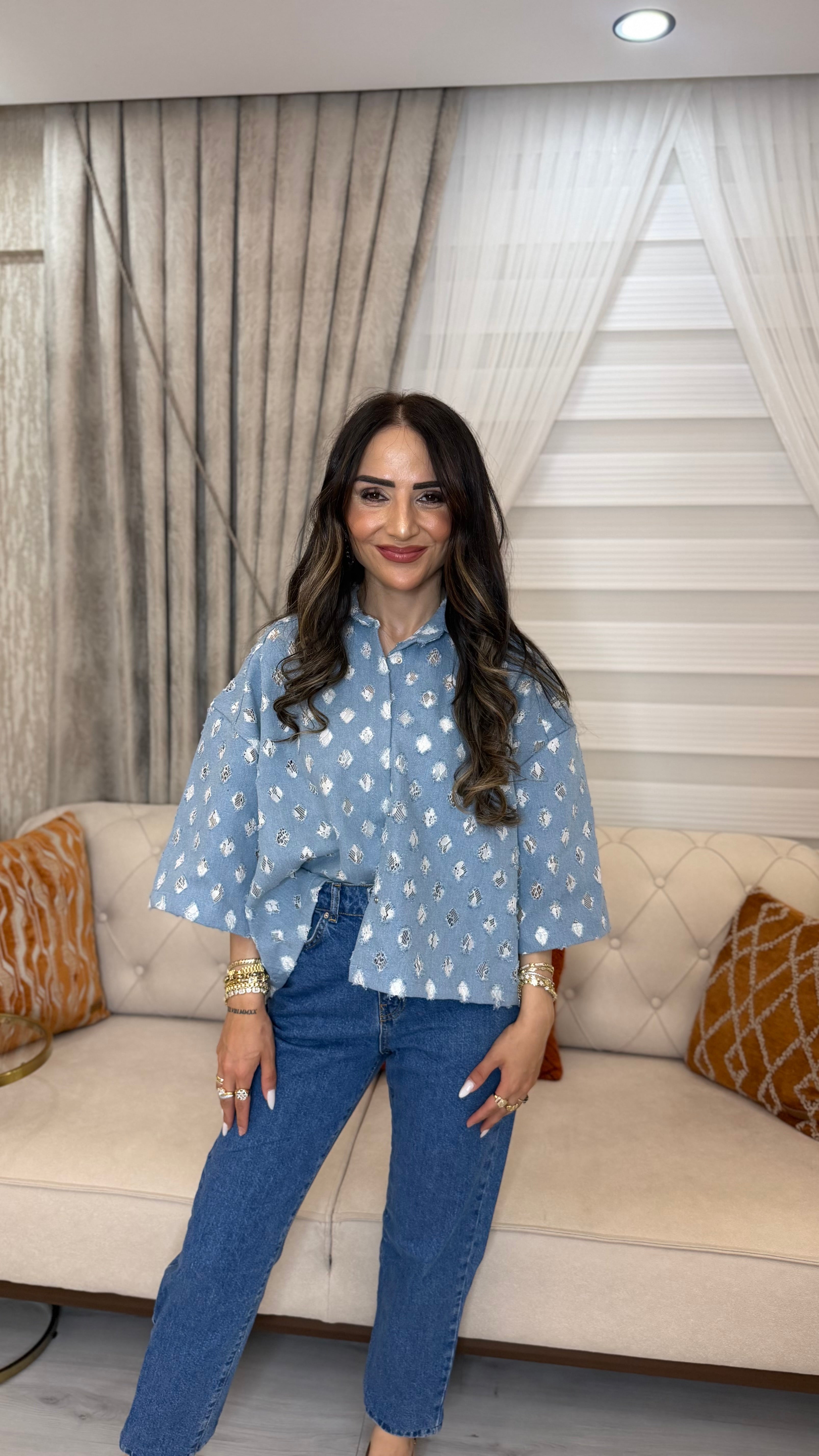Yırtık Detaylı Denim Gömlek ✨