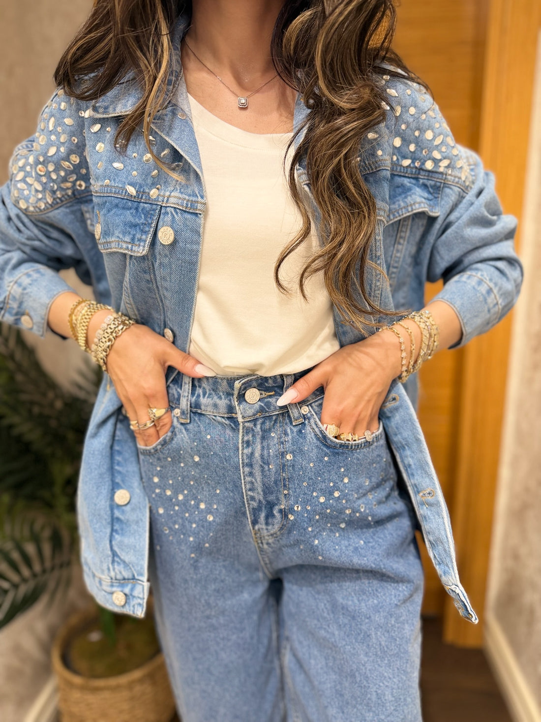 Taş Detaylı Wide Leg Jean Pantolon