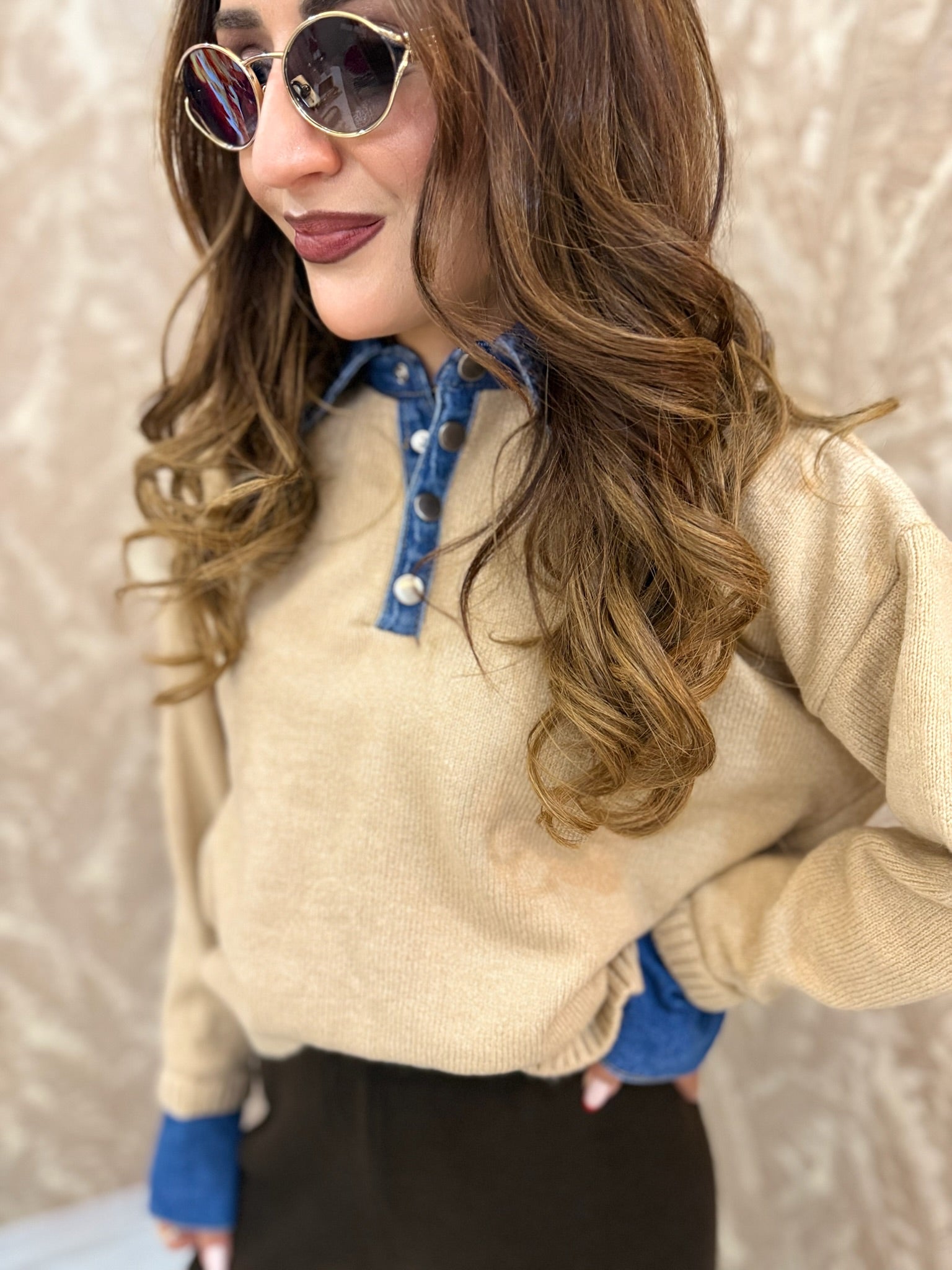 Denim Detaylı Triko Kazak – Bej