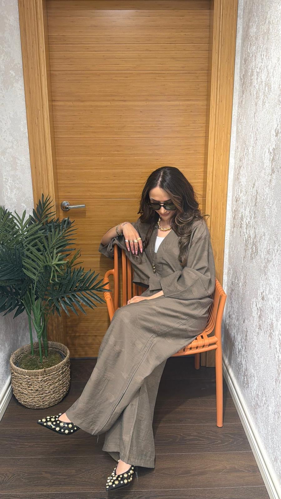 Doğal Doku Düğme Detaylı Takım