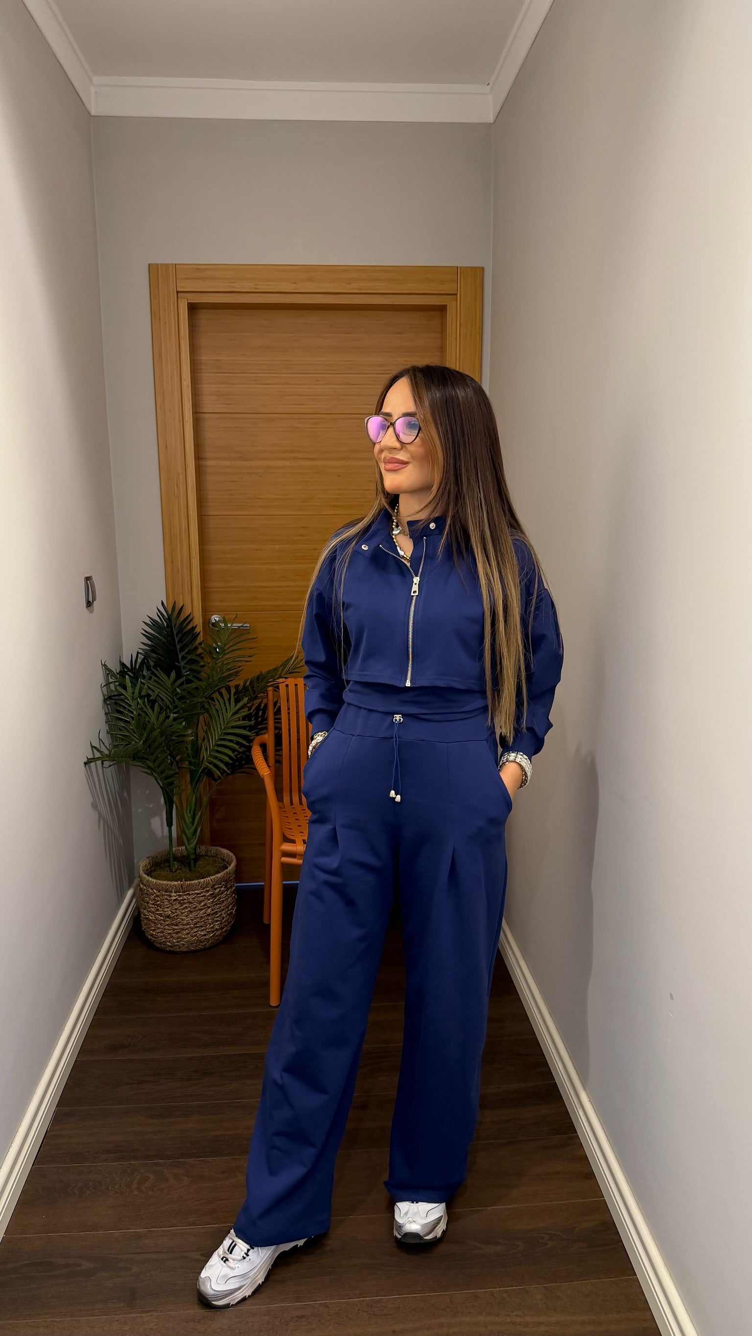 Fermuar Detaylı Mavi Crop Ceket & Pantolon Takım