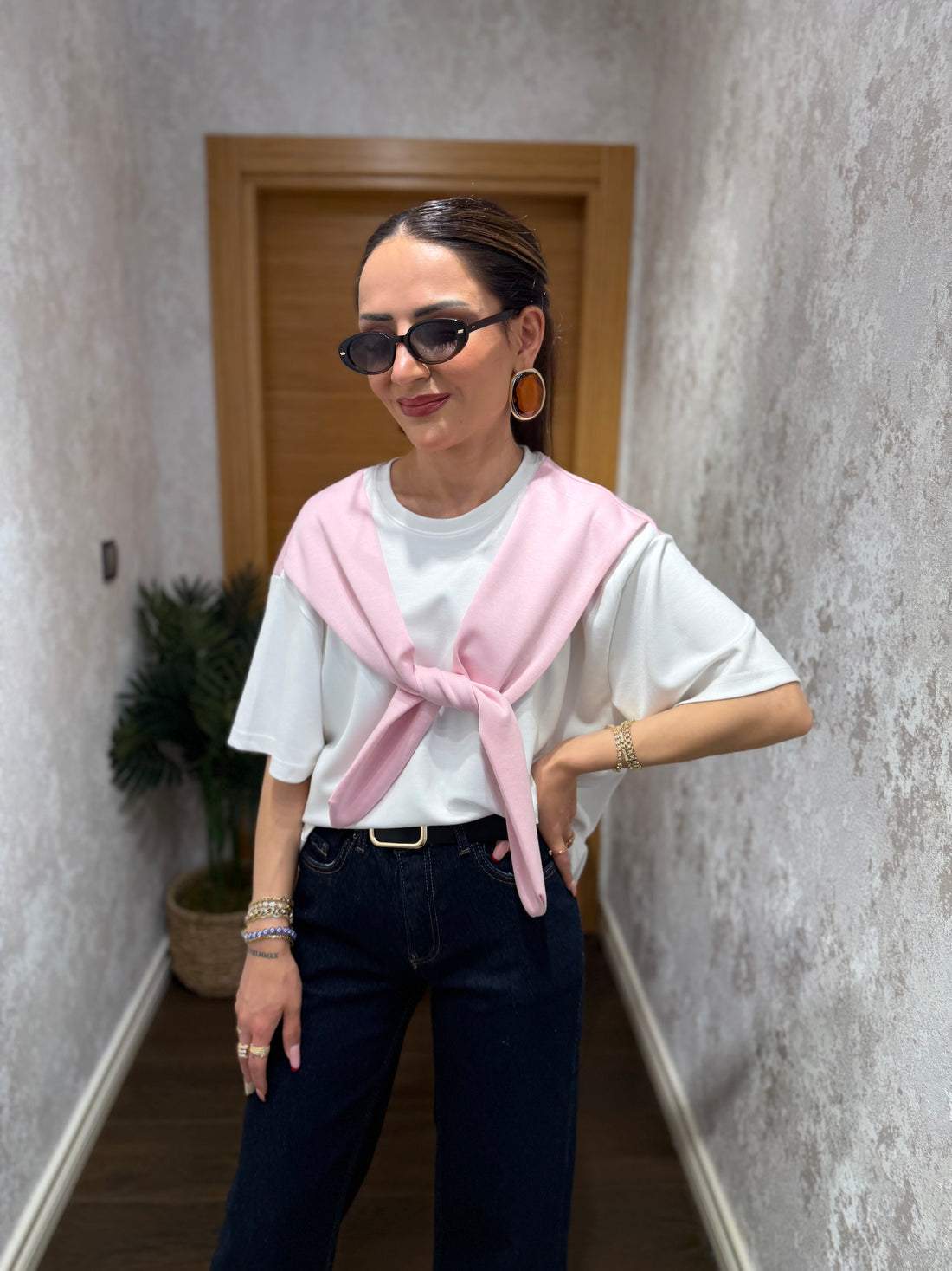 Şal Detaylı Basic T-Shirt