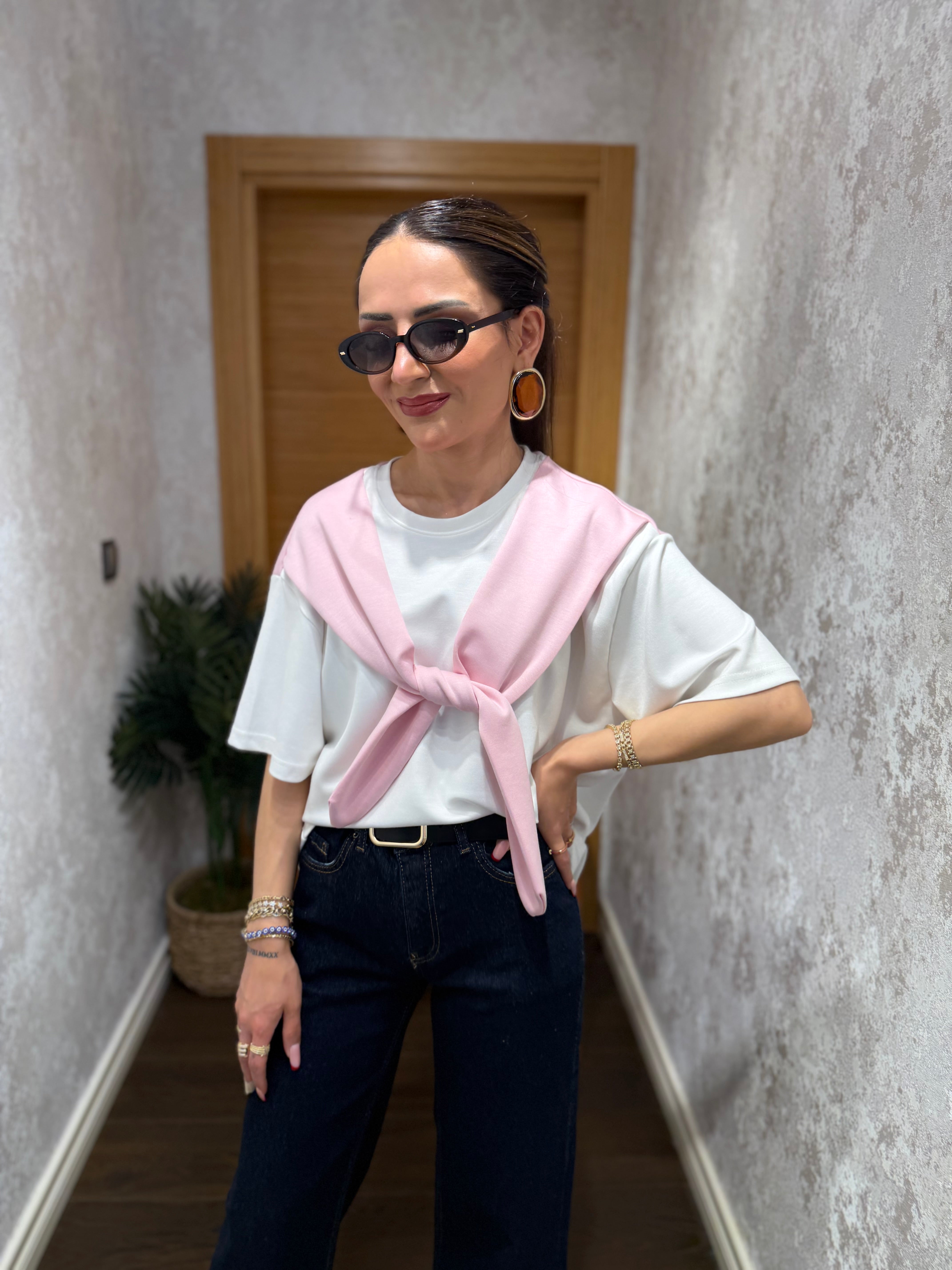 Şal Detaylı Basic T-Shirt