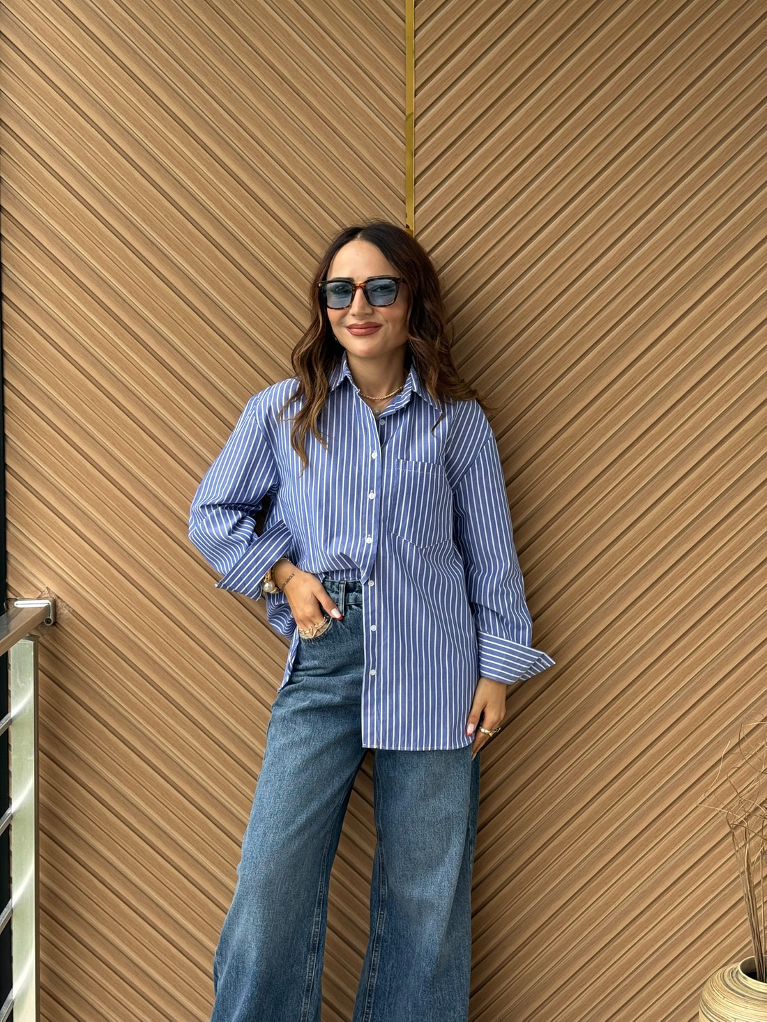 Mavi Çizgili Oversize Poplin Gömlek