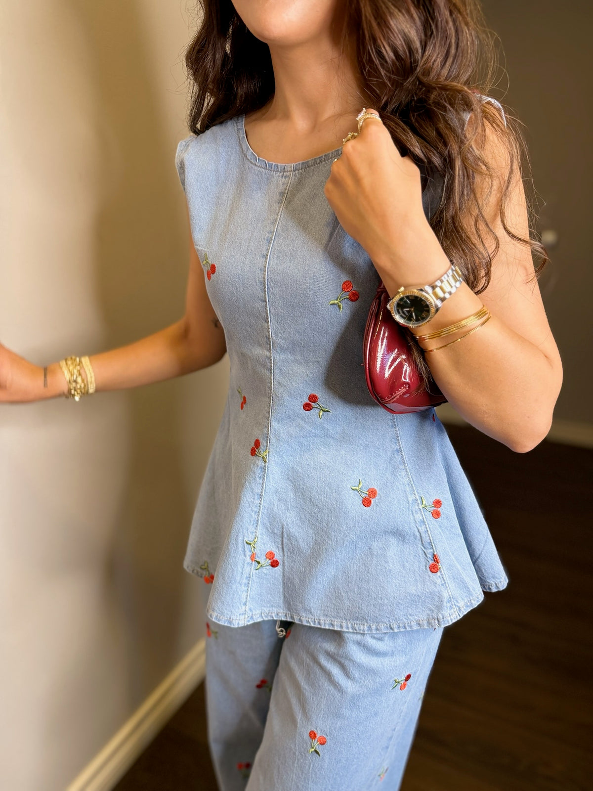 Çiçek Desenli Peplum Bluz & Pantolon Takım – Mavi