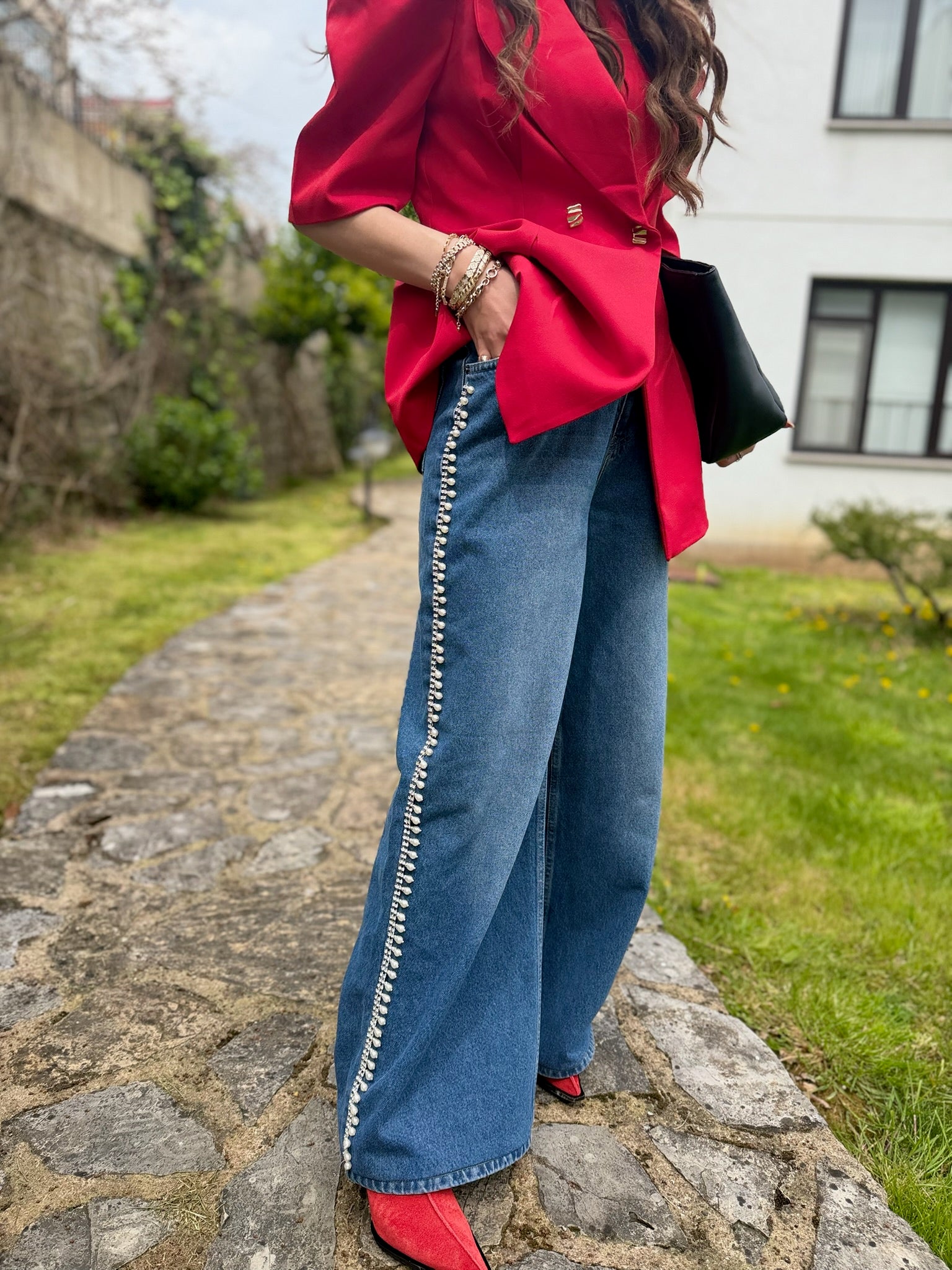 Taş Detaylı Bol Paça Jean Pantolon