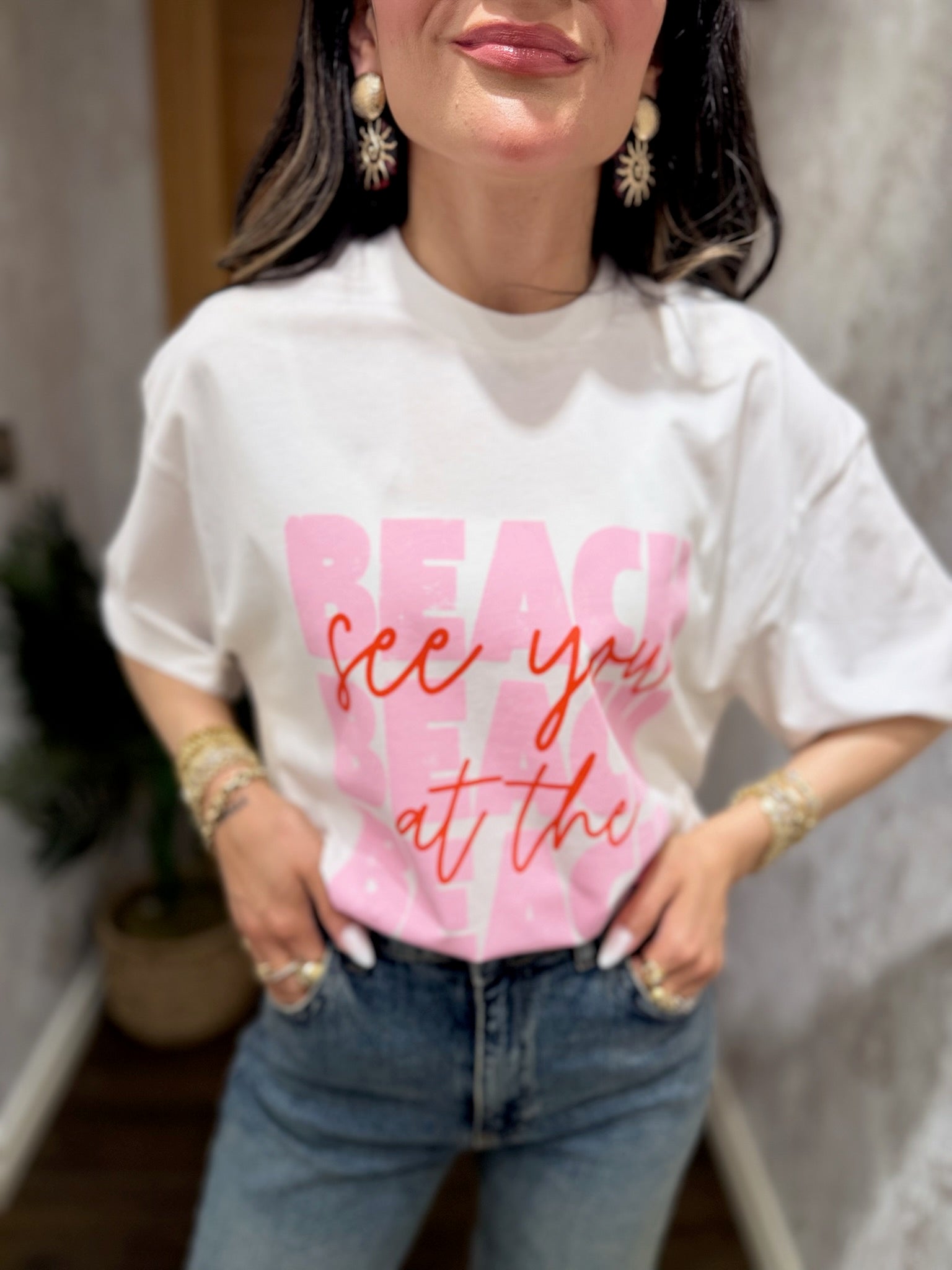 Beach Baskılı Oversize Tişört