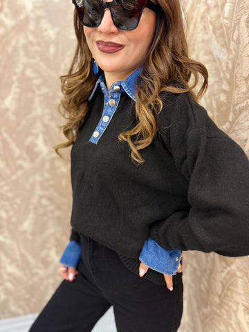 Denim Detaylı Triko Üst