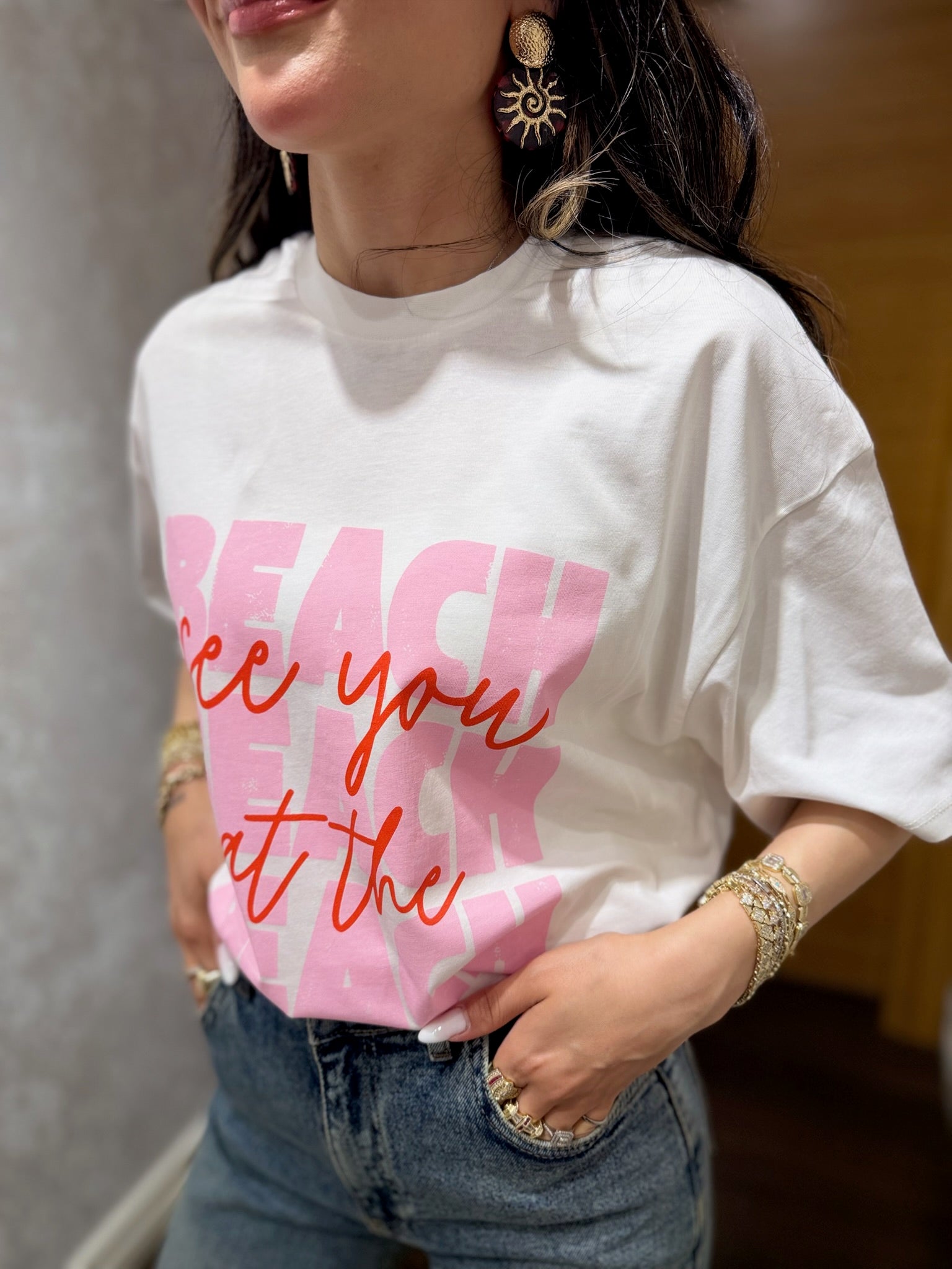Beach Baskılı Oversize Tişört