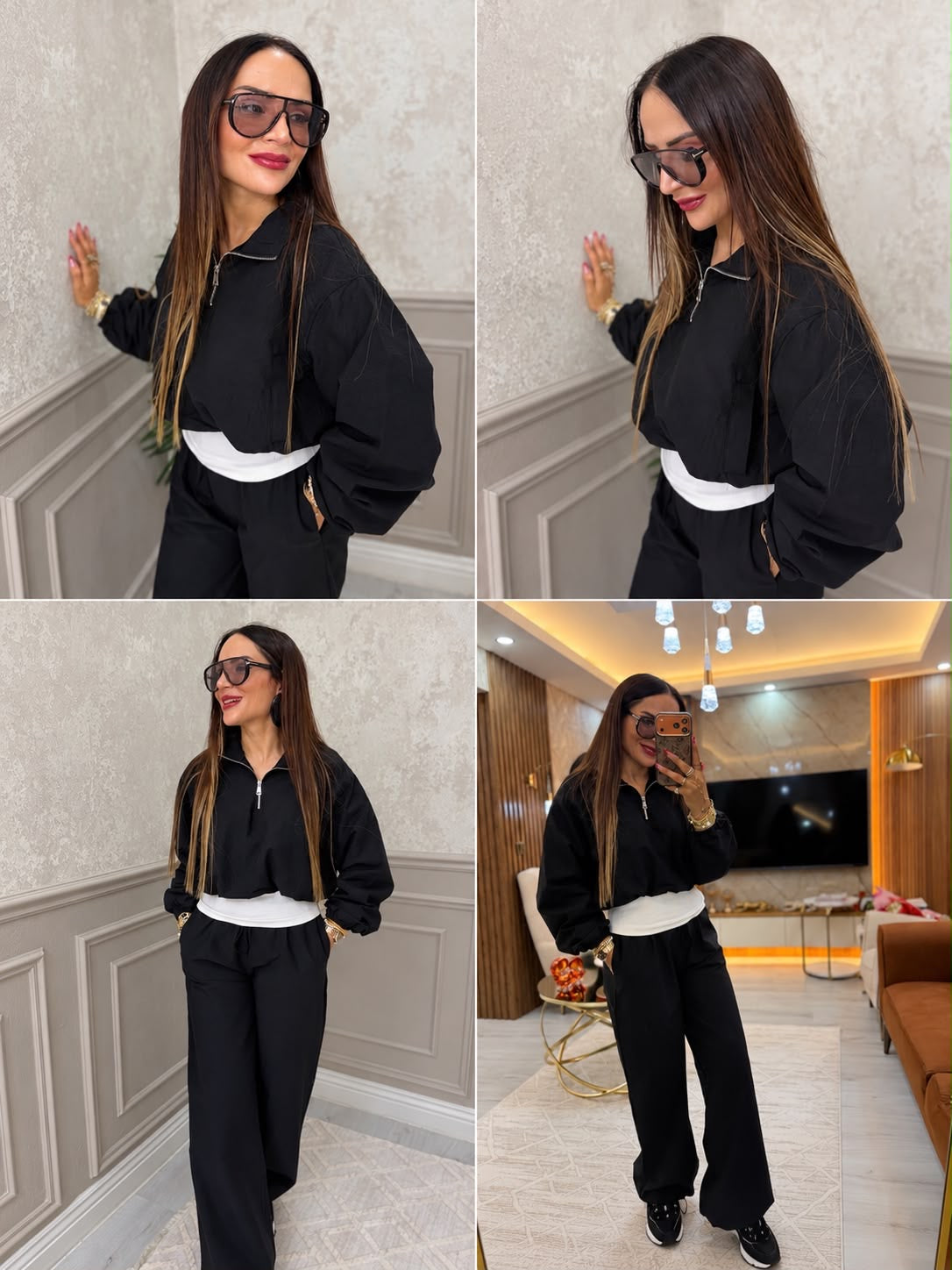 Spor Şık Fermuarlı Siyah İkili Takım