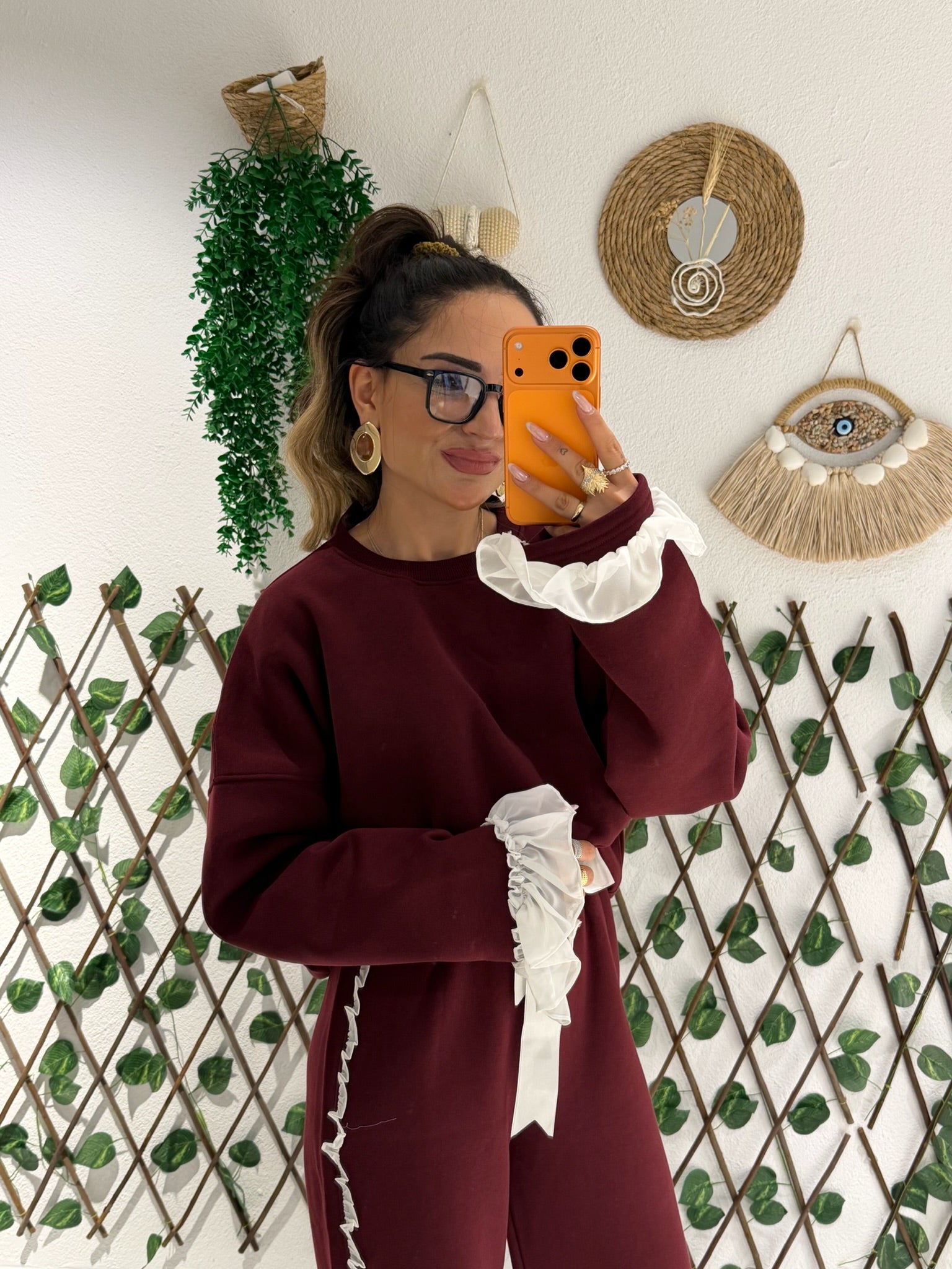 Fırfır Detaylı Şeritli Bordo Takım