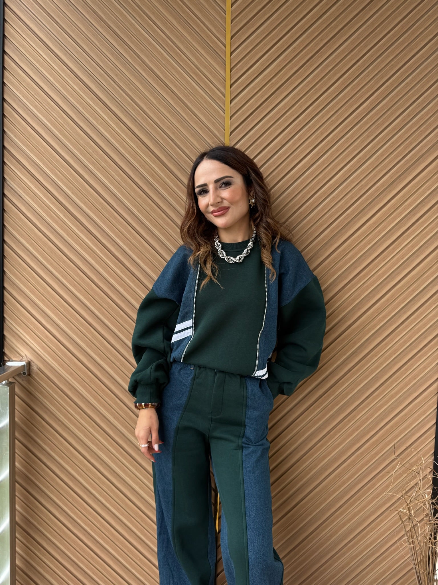 İki Renkli Sweatshirt & Pantolon Takım – Yeşil & Lacivert