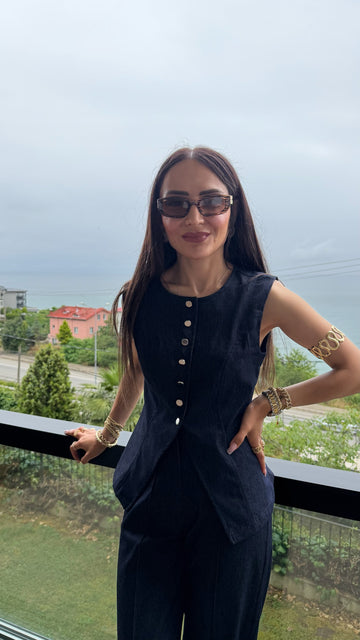 Düğme Detaylı Denim Görünümlü Takım