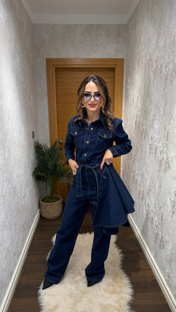 Sisu Pelerin Detaylı Kot Tulum – Kuşaklı Premium Denim
