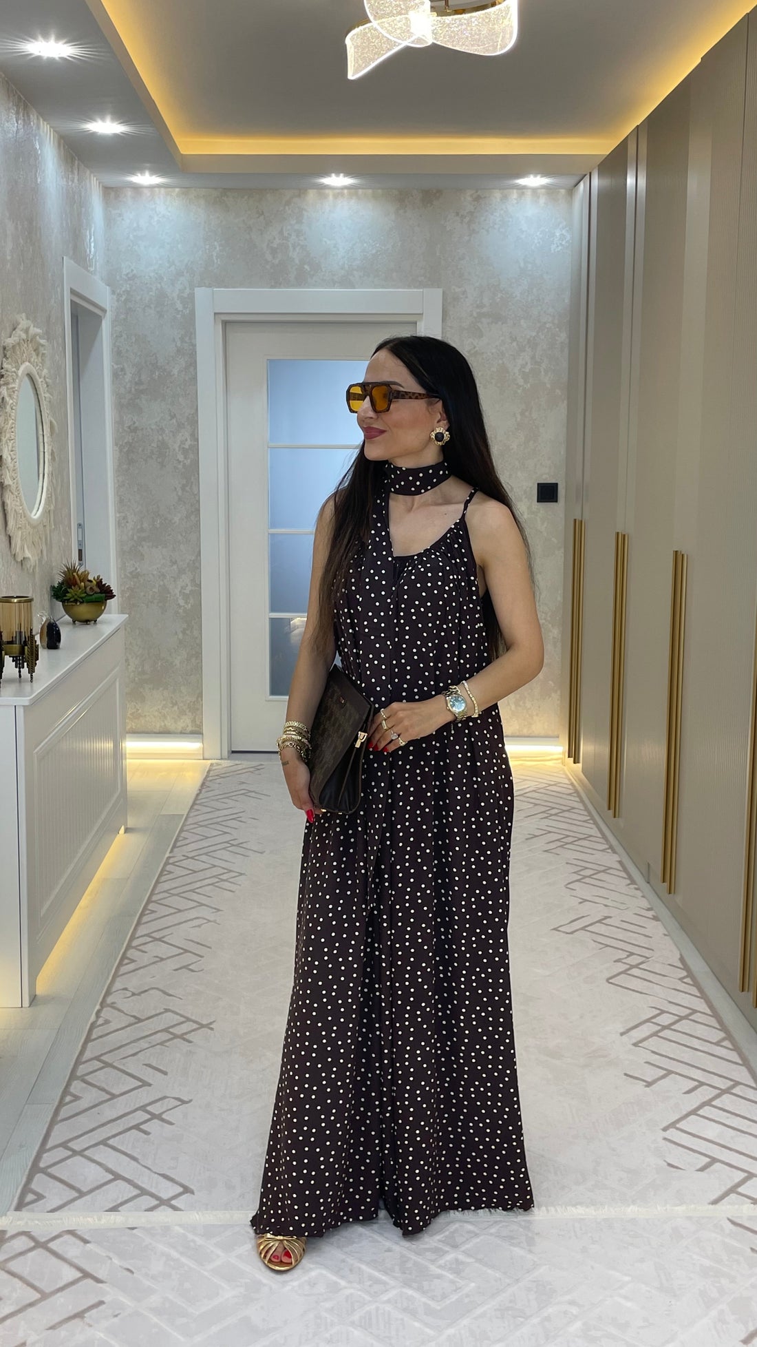 Puantiyeli Fular Detaylı Elbise