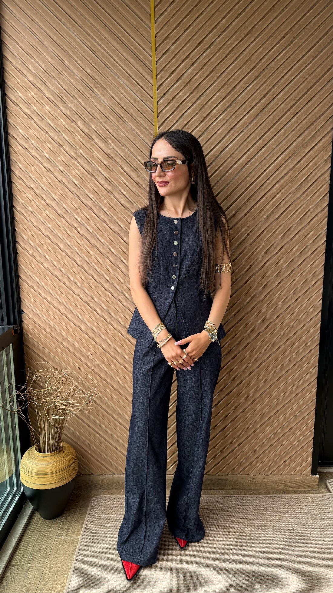 Düğme Detaylı Denim Görünümlü Takım