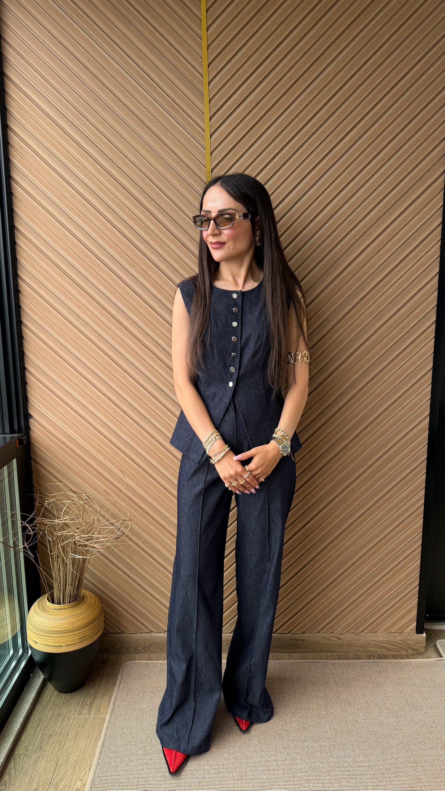 Düğme Detaylı Denim Görünümlü Takım